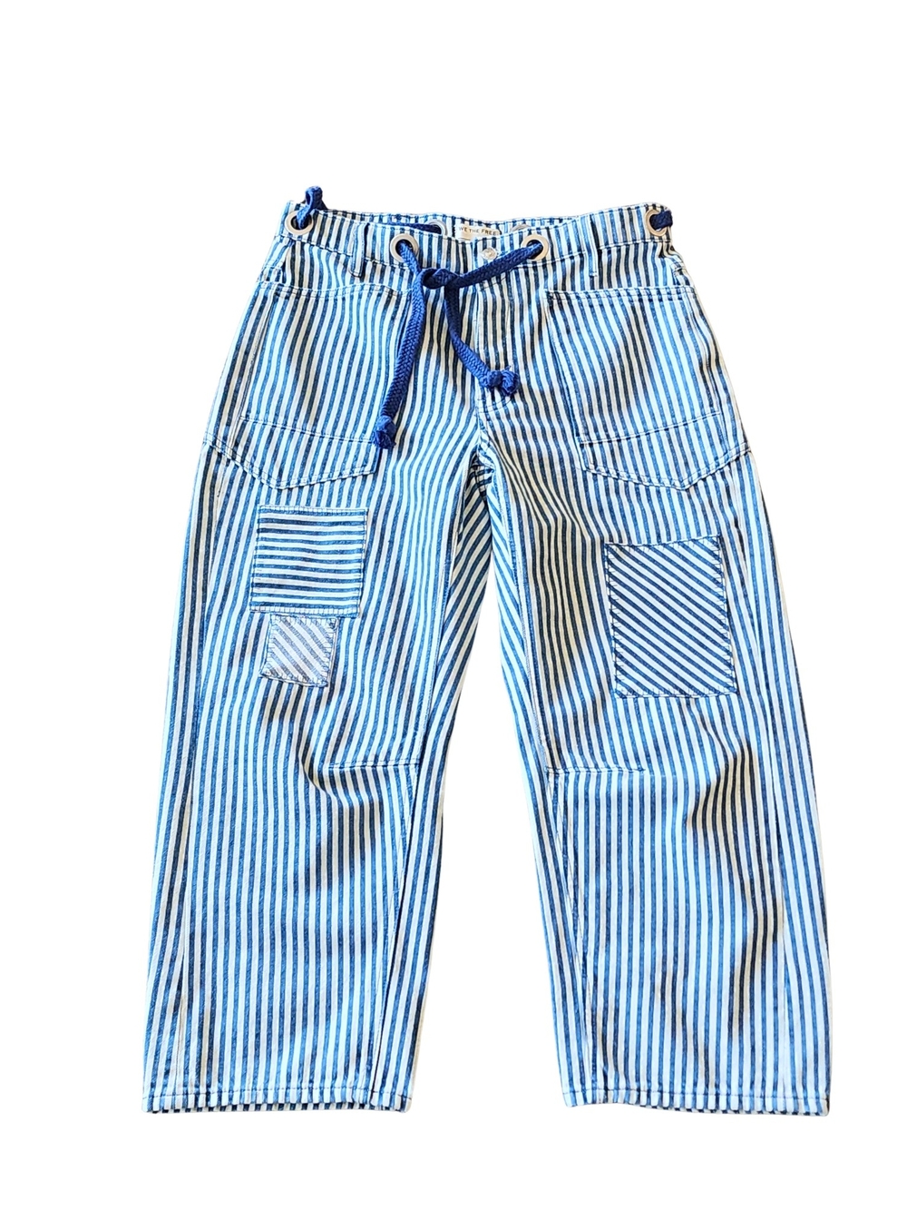 Free People Moxie Railroad Low-Slung Jeans Blue Stripe Patchwork Utility Size 30 - Picture 4 of 16
